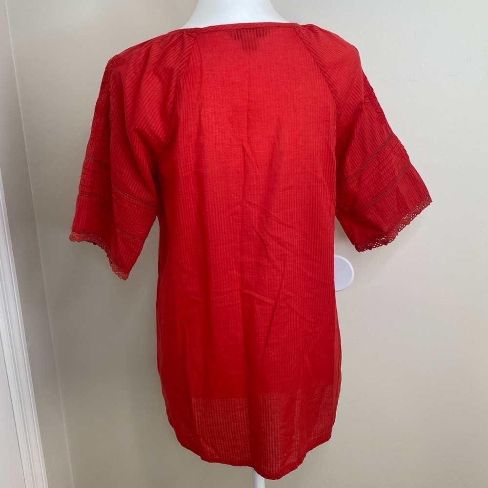 April Cornell Poppy Embroidered Tassel Short Sleeve buttoned Down Blouse… - Picture 10 of 13